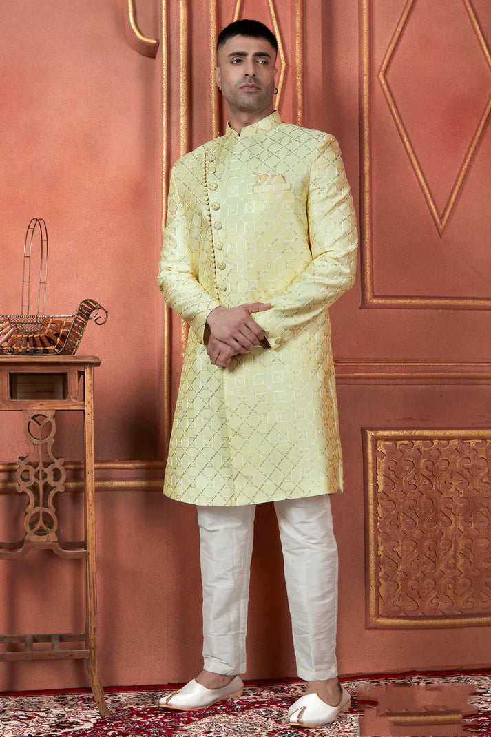 Raivat Ethnic Mens Art Silk Thread Work Indo Western In Yellow Colour - Dista