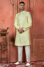 Thumbnail for Raivat Ethnic Mens Art Silk Thread Work Indo Western In Yellow Colour - Dista