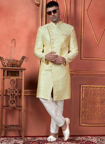Raivat Ethnic Mens Art Silk Thread Work Indo Western In Yellow Colour - Dista