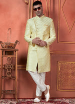 Thumbnail for Raivat Ethnic Mens Art Silk Thread Work Indo Western In Yellow Colour - Dista