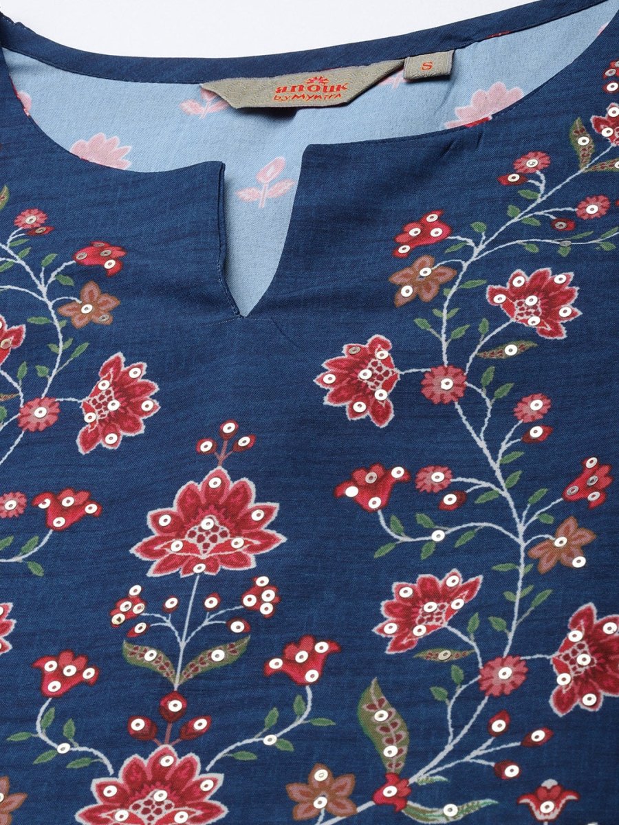 Anouk Women Navy Blue Floral Printed Beads and Stones Kurta with Palazzos - Distacart