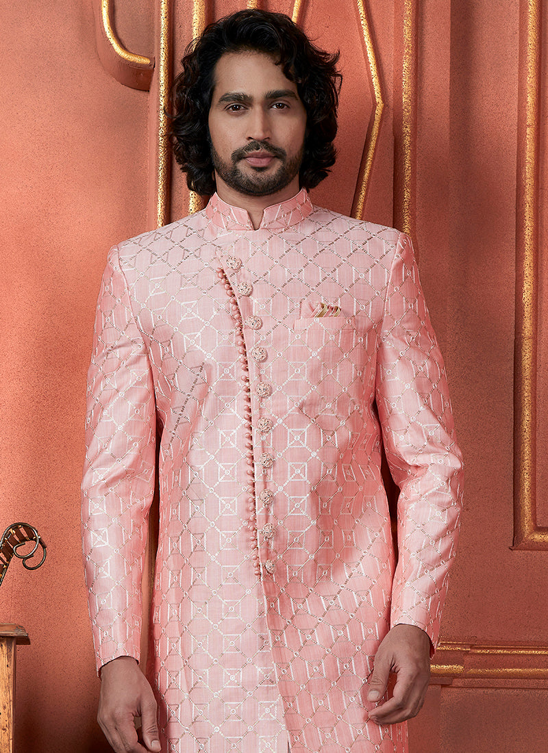 Raivat Ethnic Mens Art Silk Thread Work Indo Western In Pink Colour - Dista