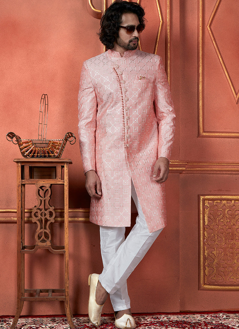 Raivat Ethnic Mens Art Silk Thread Work Indo Western In Pink Colour - Dista