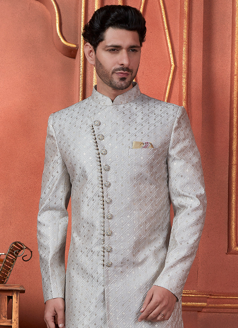 Raivat Ethnic Mens Art Silk Thread Work Indo Western In Grey Colour - Dista