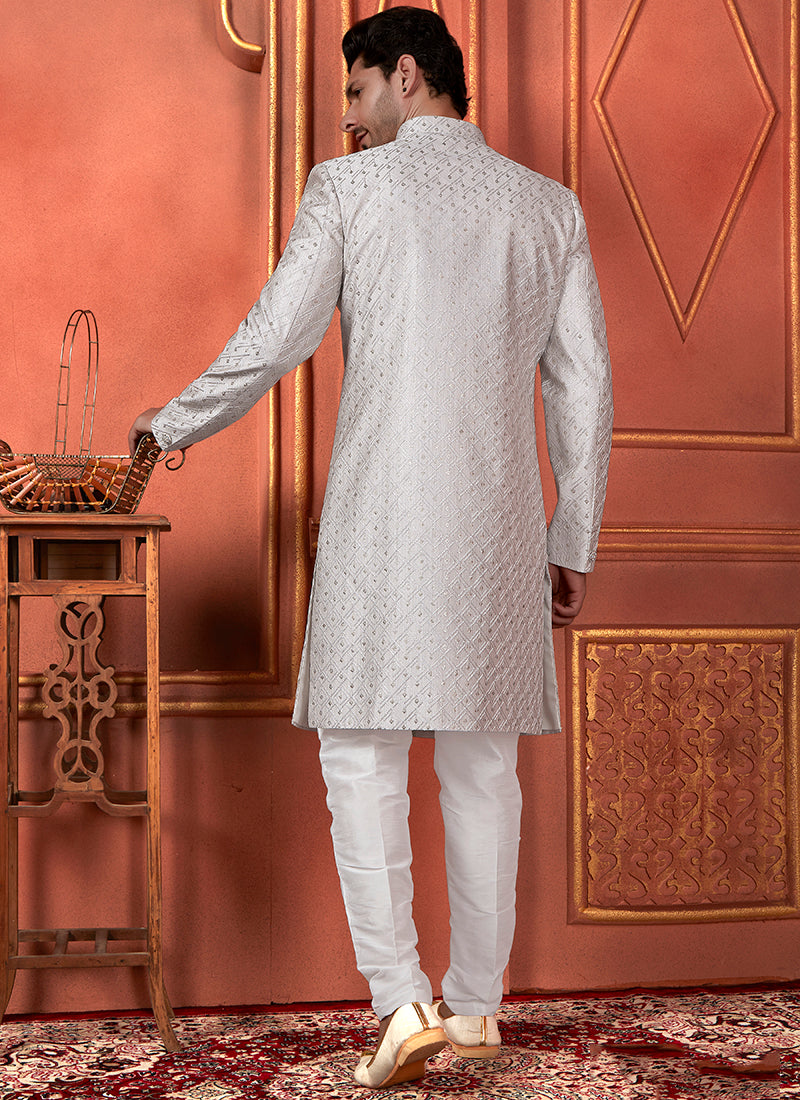 Raivat Ethnic Mens Art Silk Thread Work Indo Western In Grey Colour - Dista