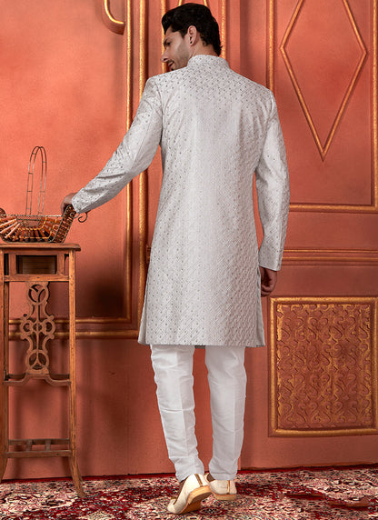 Raivat Ethnic Mens Art Silk Thread Work Indo Western In Grey Colour - Dista