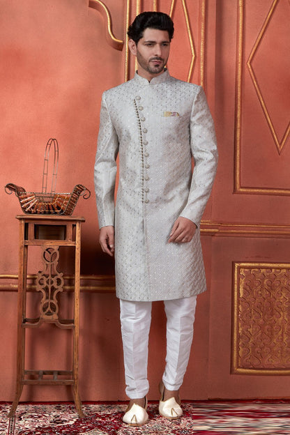 Raivat Ethnic Mens Art Silk Thread Work Indo Western In Grey Colour - Dista