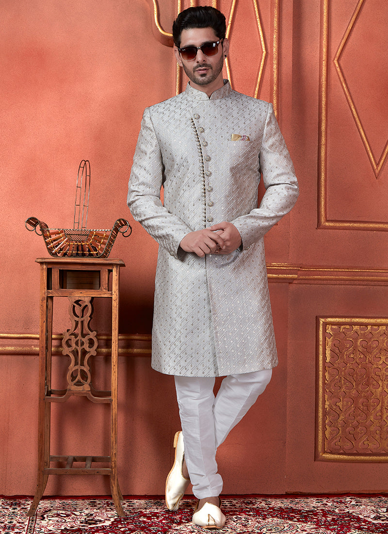 Raivat Ethnic Mens Art Silk Thread Work Indo Western In Grey Colour - Dista