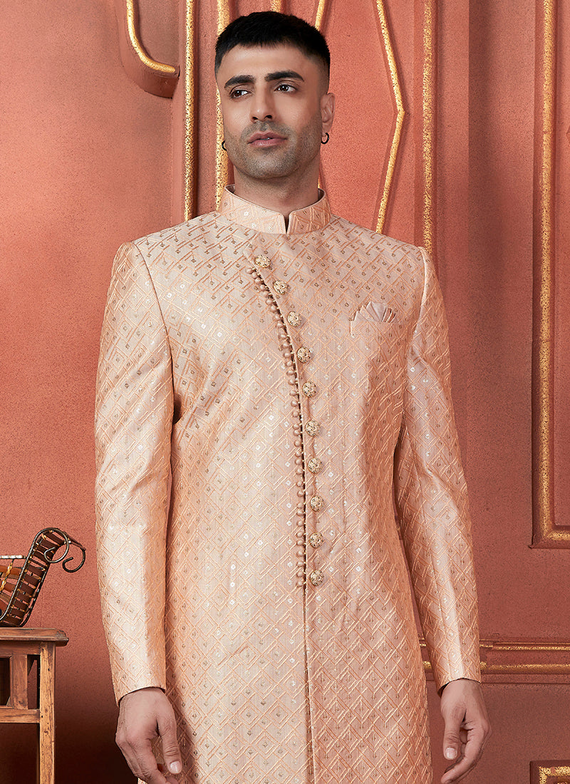 Raivat Ethnic Mens Art Silk Thread Work Indo Western In Peach Colour - Dista