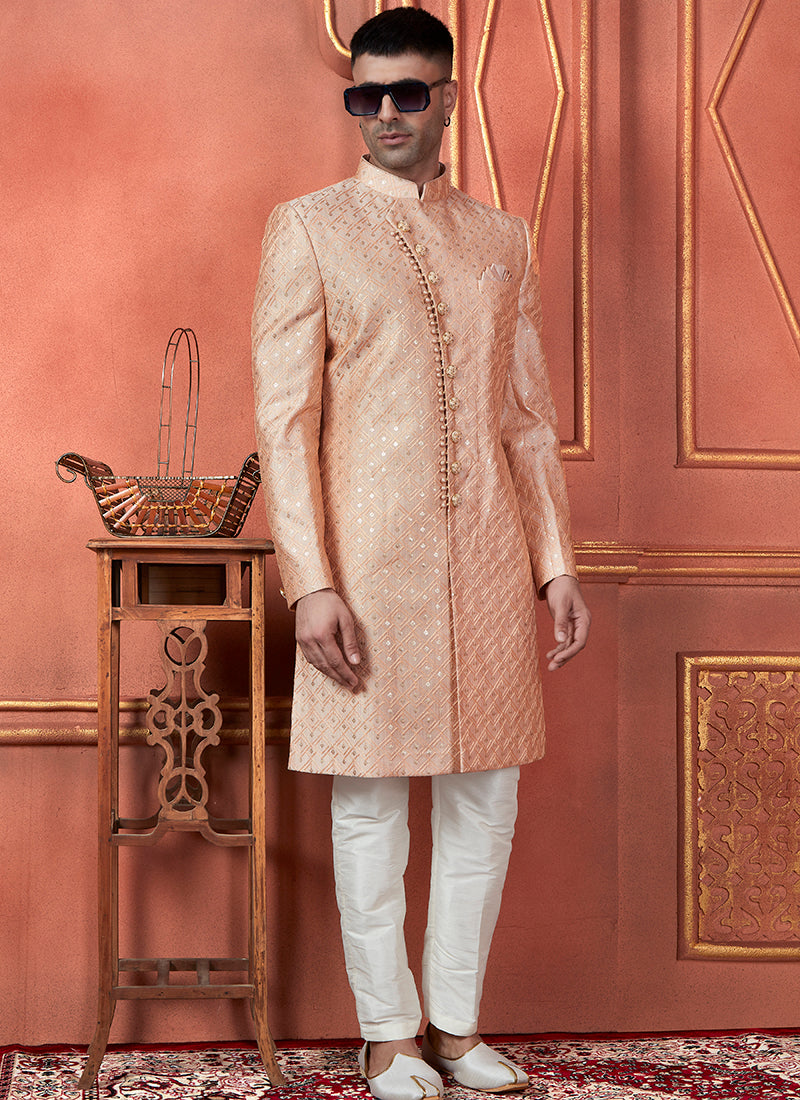 Raivat Ethnic Mens Art Silk Thread Work Indo Western In Peach Colour - Dista
