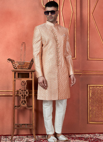 Raivat Ethnic Mens Art Silk Thread Work Indo Western In Peach Colour - Dista