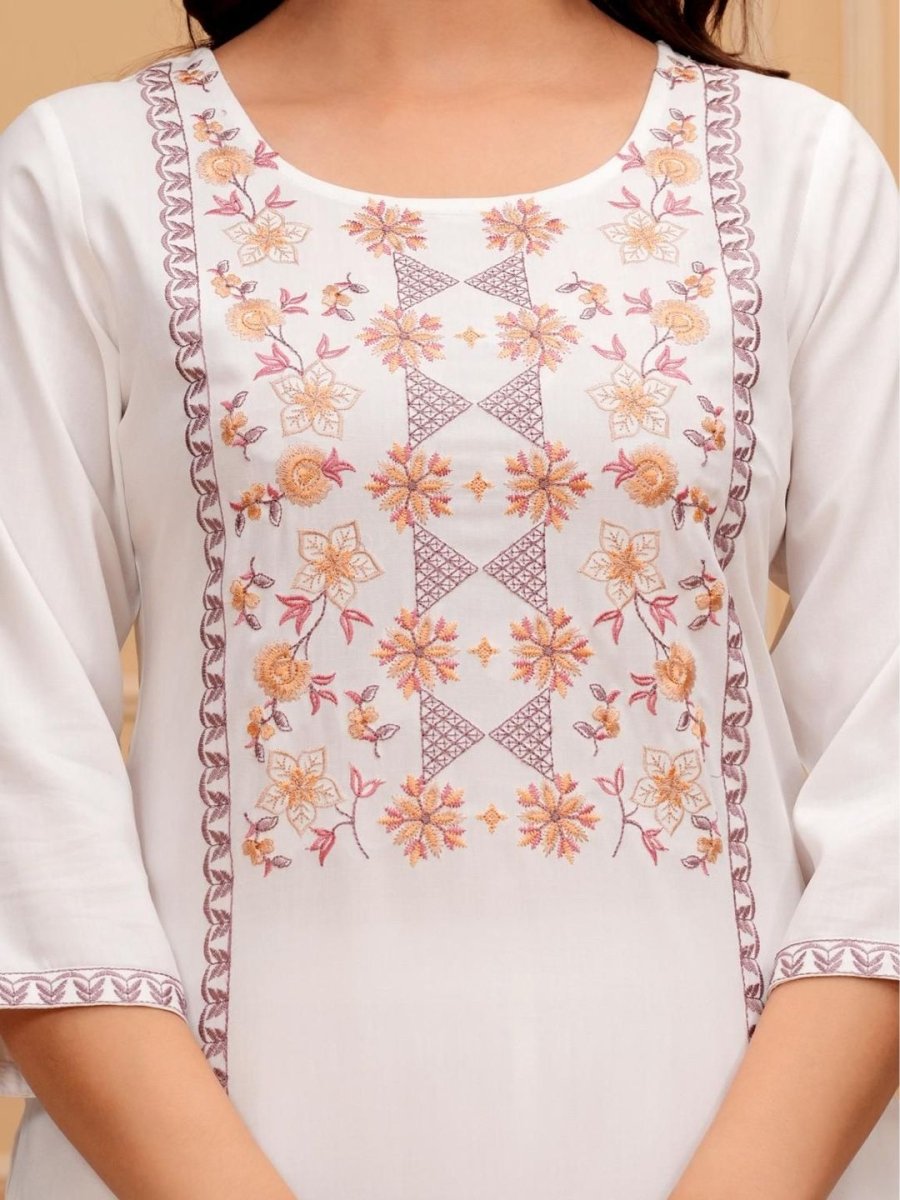 Anouk White Ethnic Motifs Yoke Design Round Neck Regular Straight Thread Work Modal Kurta - Distacart