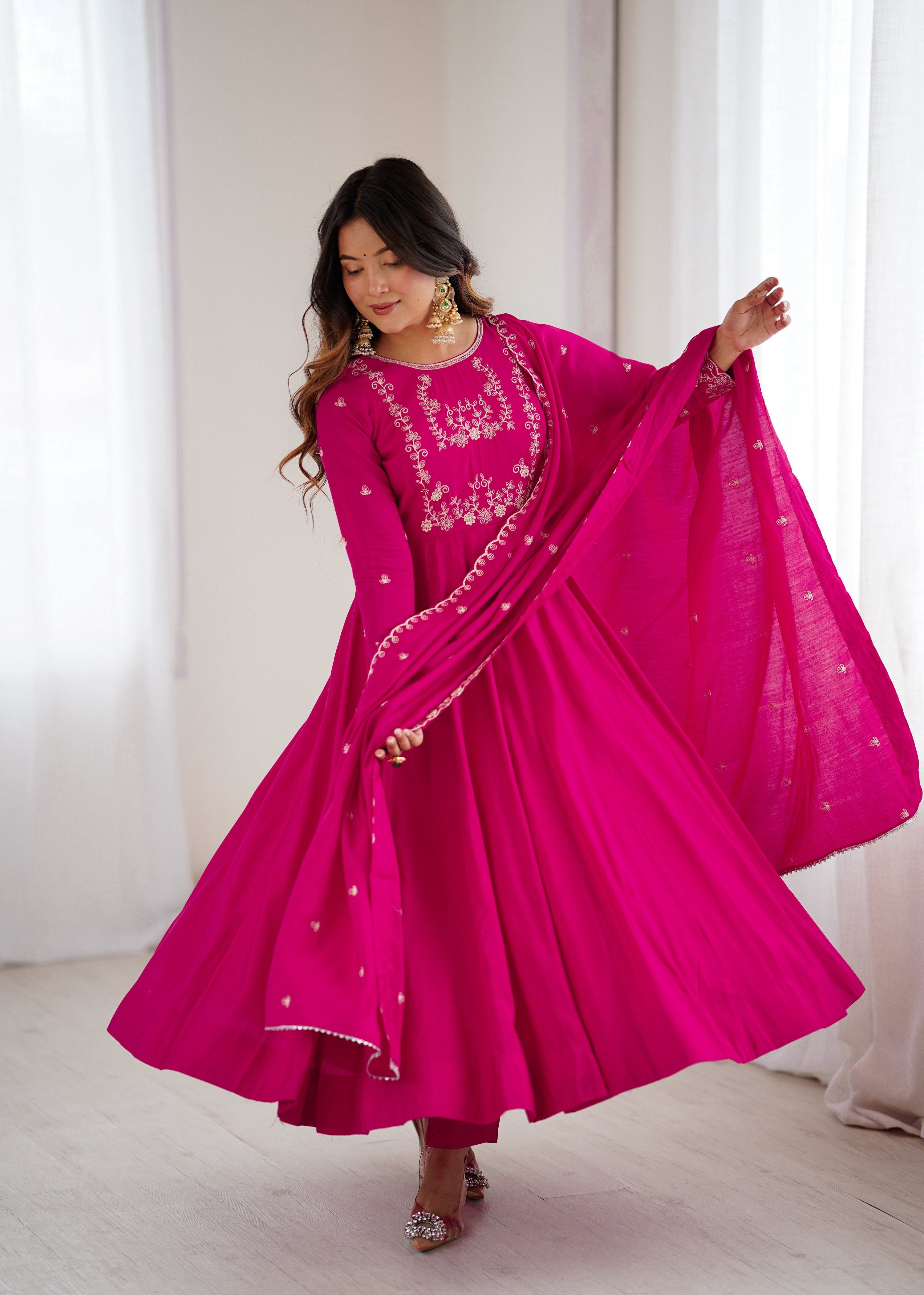 Lorenvalley Fashion Darkpink Pure Roman Chanderi Silk Yoke Fancy Handwork Beads Work Anarkali Gown Pant With Dupatta Set