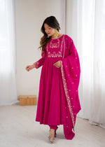 Thumbnail for Lorenvalley Fashion Darkpink Pure Roman Chanderi Silk Yoke Fancy Handwork Beads Work Anarkali Gown Pant With Dupatta Set