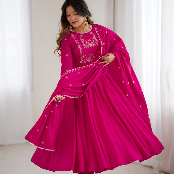 Lorenvalley Fashion Darkpink Pure Roman Chanderi Silk Yoke Fancy Handwork Beads Work Anarkali Gown Pant With Dupatta Set