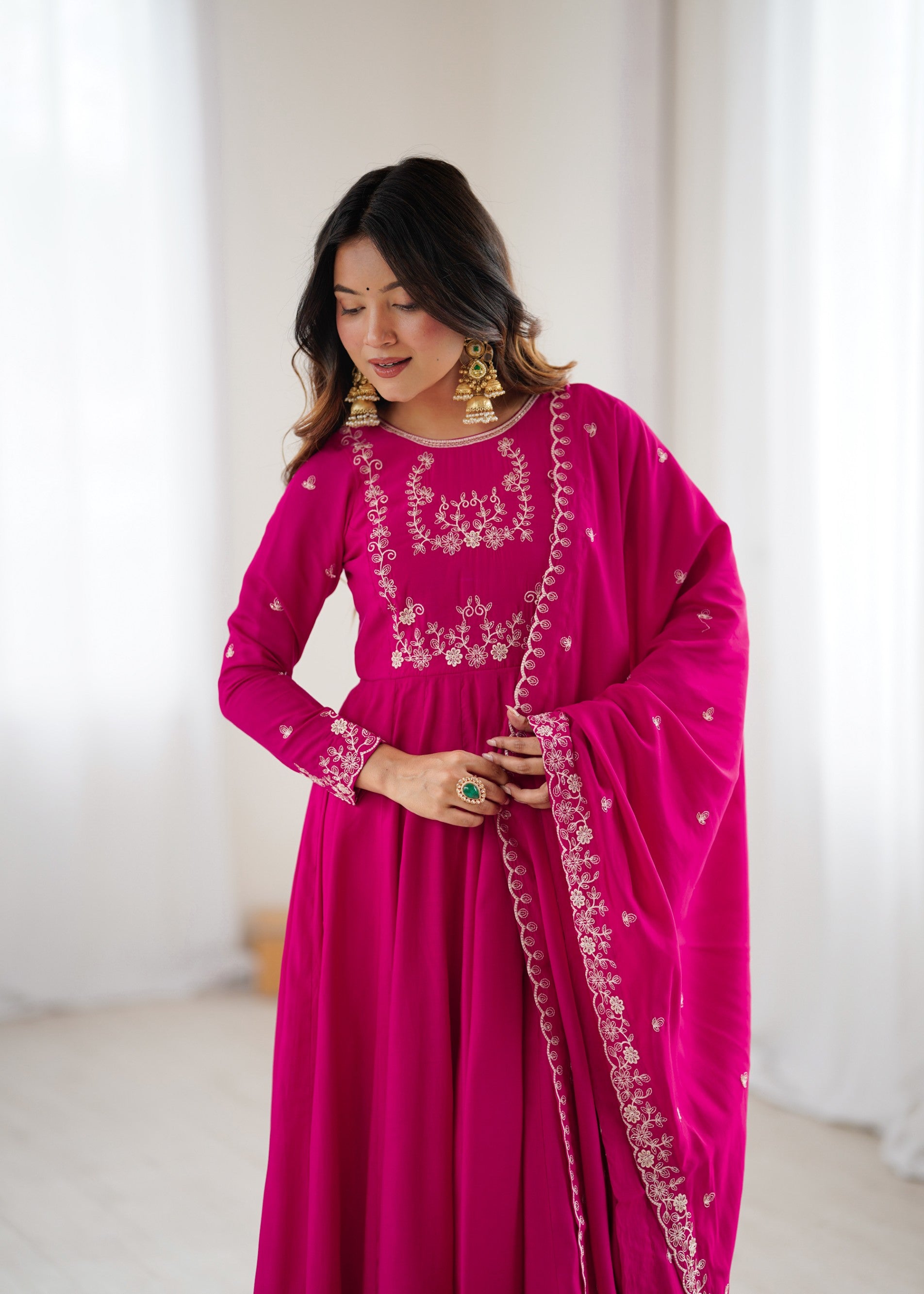 Lorenvalley Fashion Darkpink Pure Roman Chanderi Silk Yoke Fancy Handwork Beads Work Anarkali Gown Pant With Dupatta Set