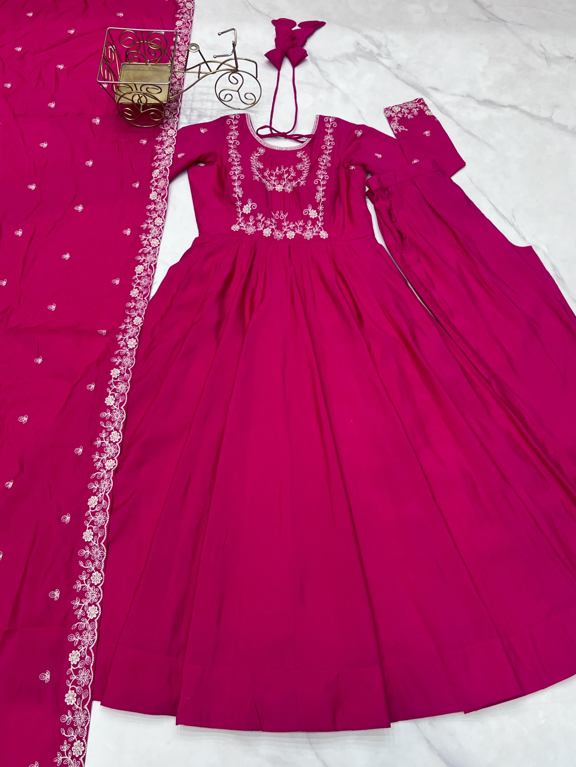 Lorenvalley Fashion Darkpink Pure Roman Chanderi Silk Yoke Fancy Handwork Beads Work Anarkali Gown Pant With Dupatta Set