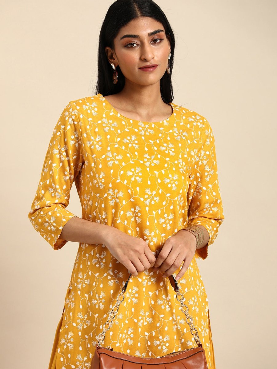 All About You Women Yellow Floral Printed Pure Cotton Kurta with Palazzos - Distacart