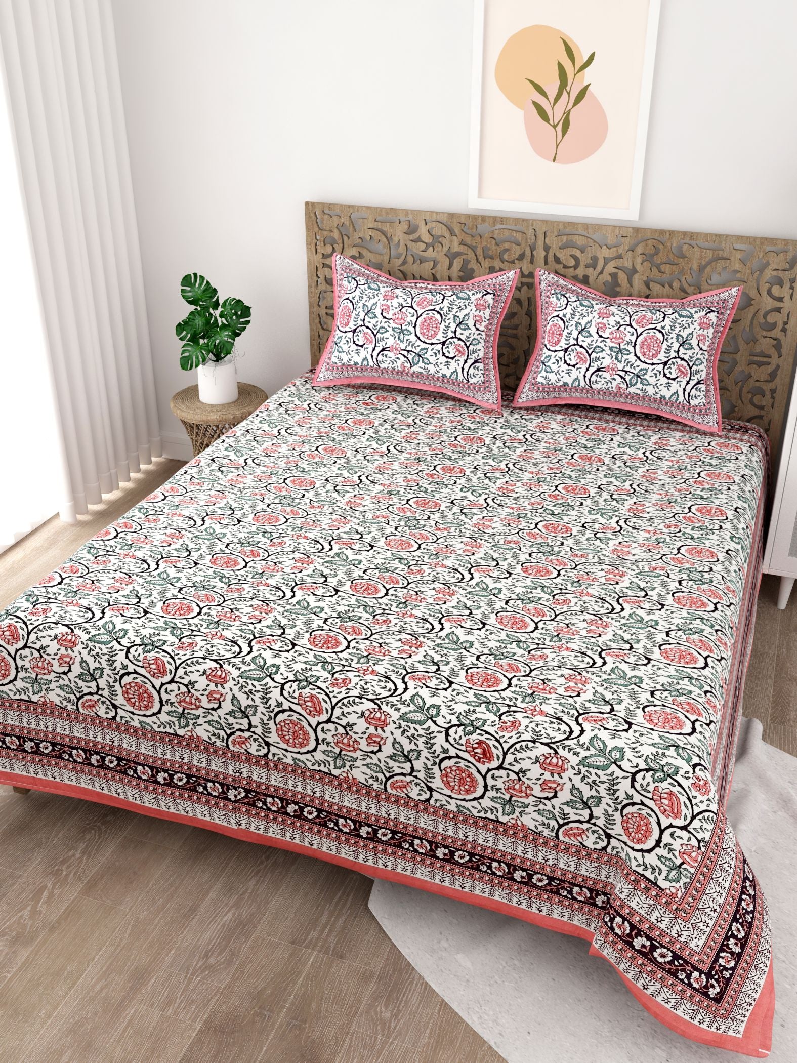 Pink Floral Printed Cotton 200TC King Bedsheet With 2 Zipper Pillow Covers - King Size by House of Ree - Distacart