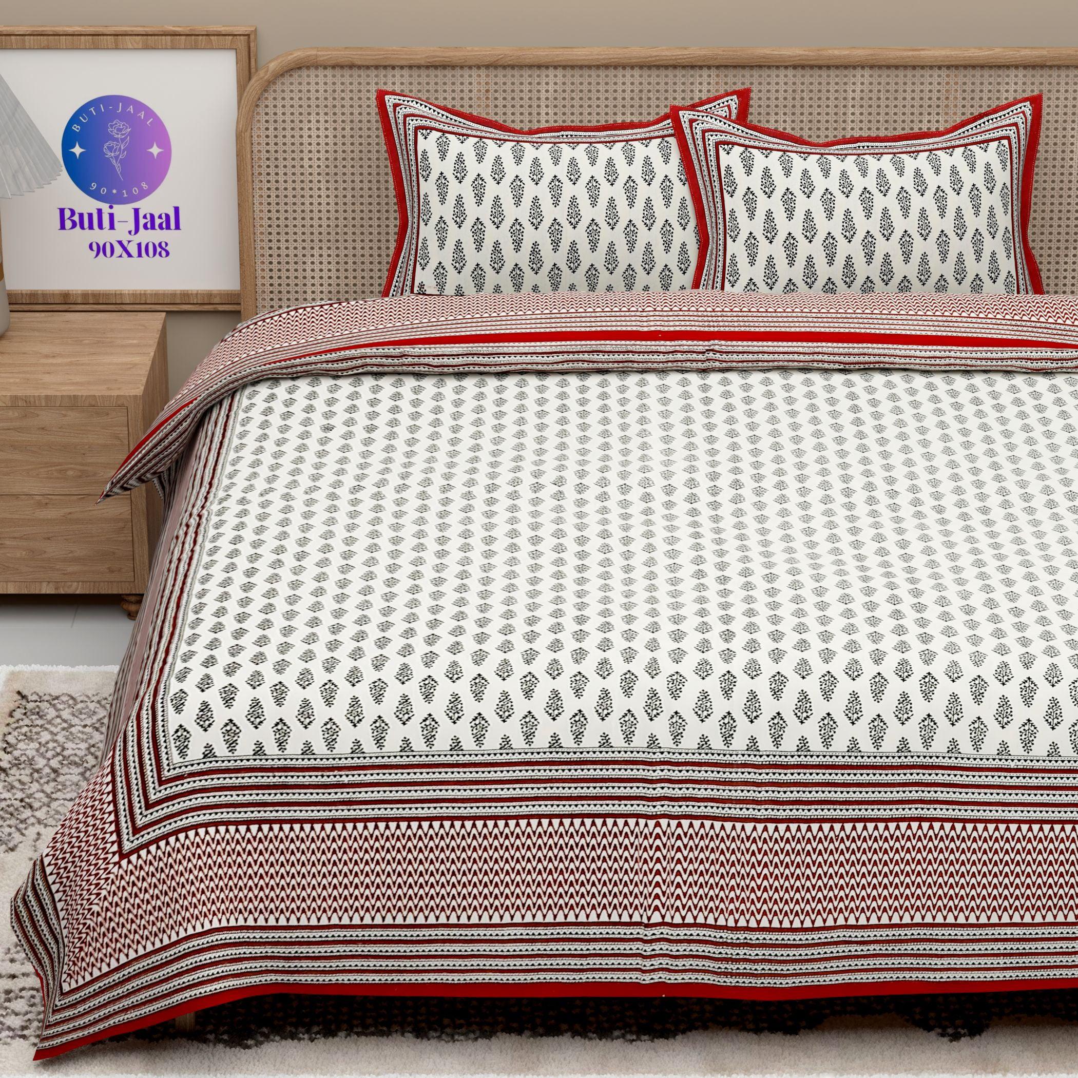 Red White Handblock Printed Cotton 200TC King Bedsheet With 2 Zipper Pillow Covers - King Size by House of Ree - Distacart