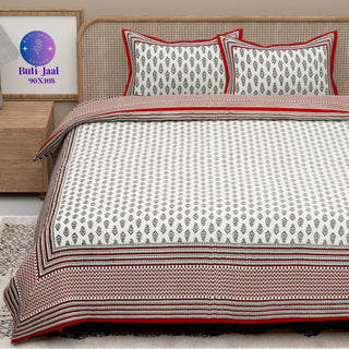 Red White Handblock Printed Cotton 200TC King Bedsheet With 2 Zipper Pillow Covers - King Size by House of Ree - Distacart