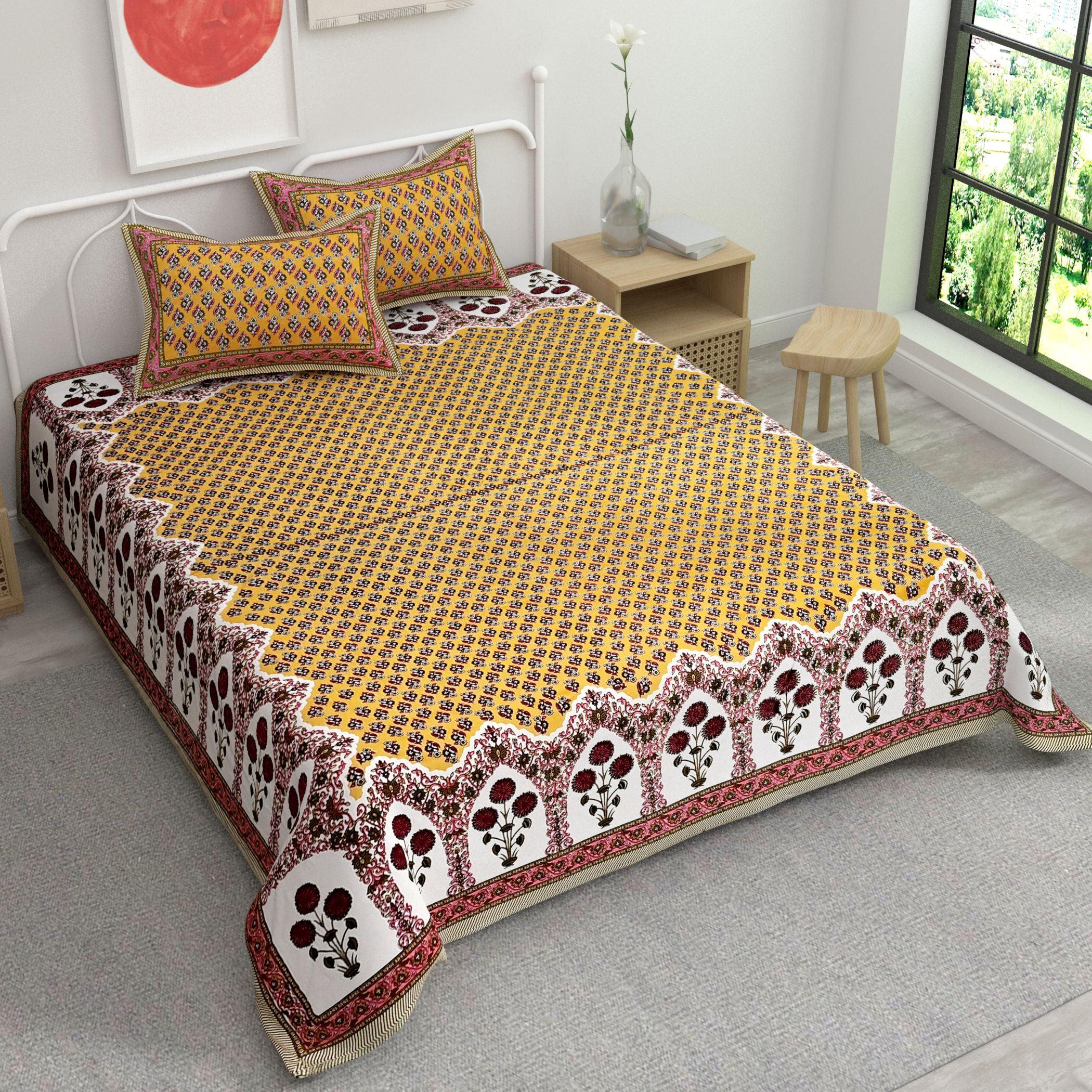 Yellow Ethnic Motifs Cotton 220 TC King Bedsheet With 2 Zipper Pillow Covers - King Size by House of Ree - Distacart