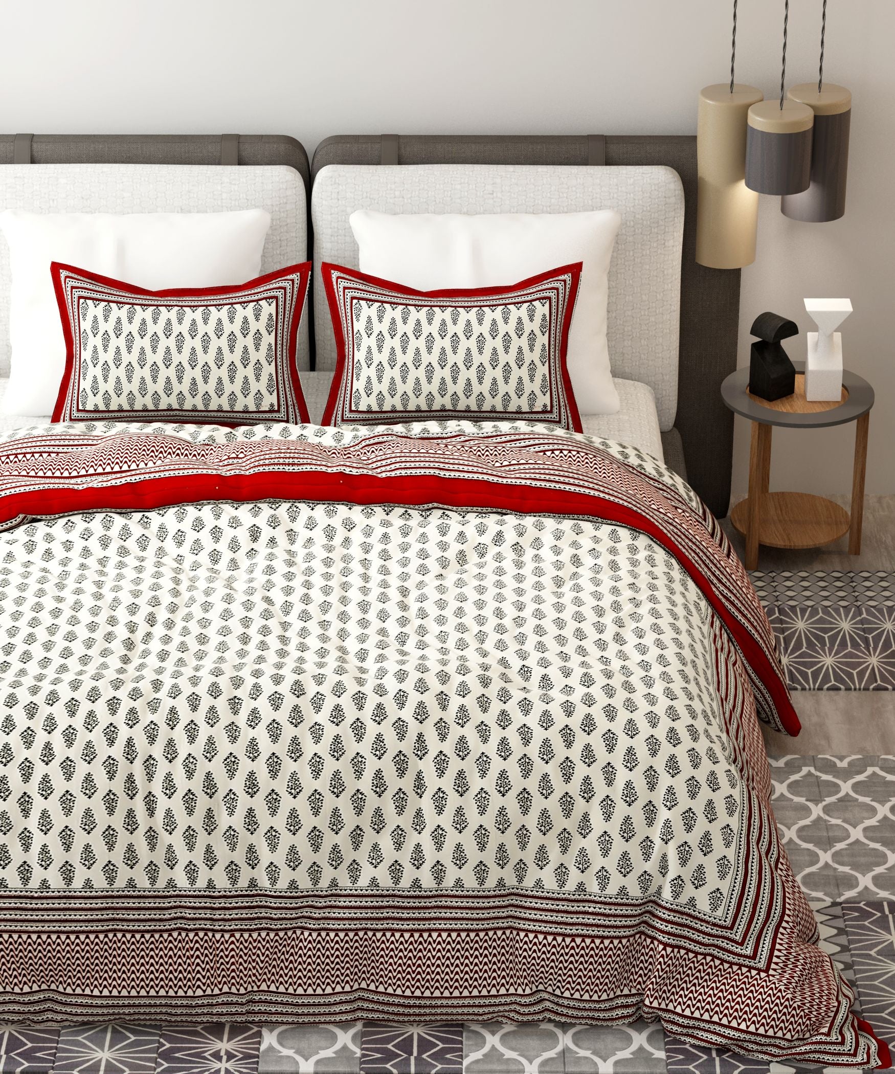 Red White Handblock Printed Cotton 200TC King Bedsheet With 2 Zipper Pillow Covers - King Size by House of Ree - Distacart