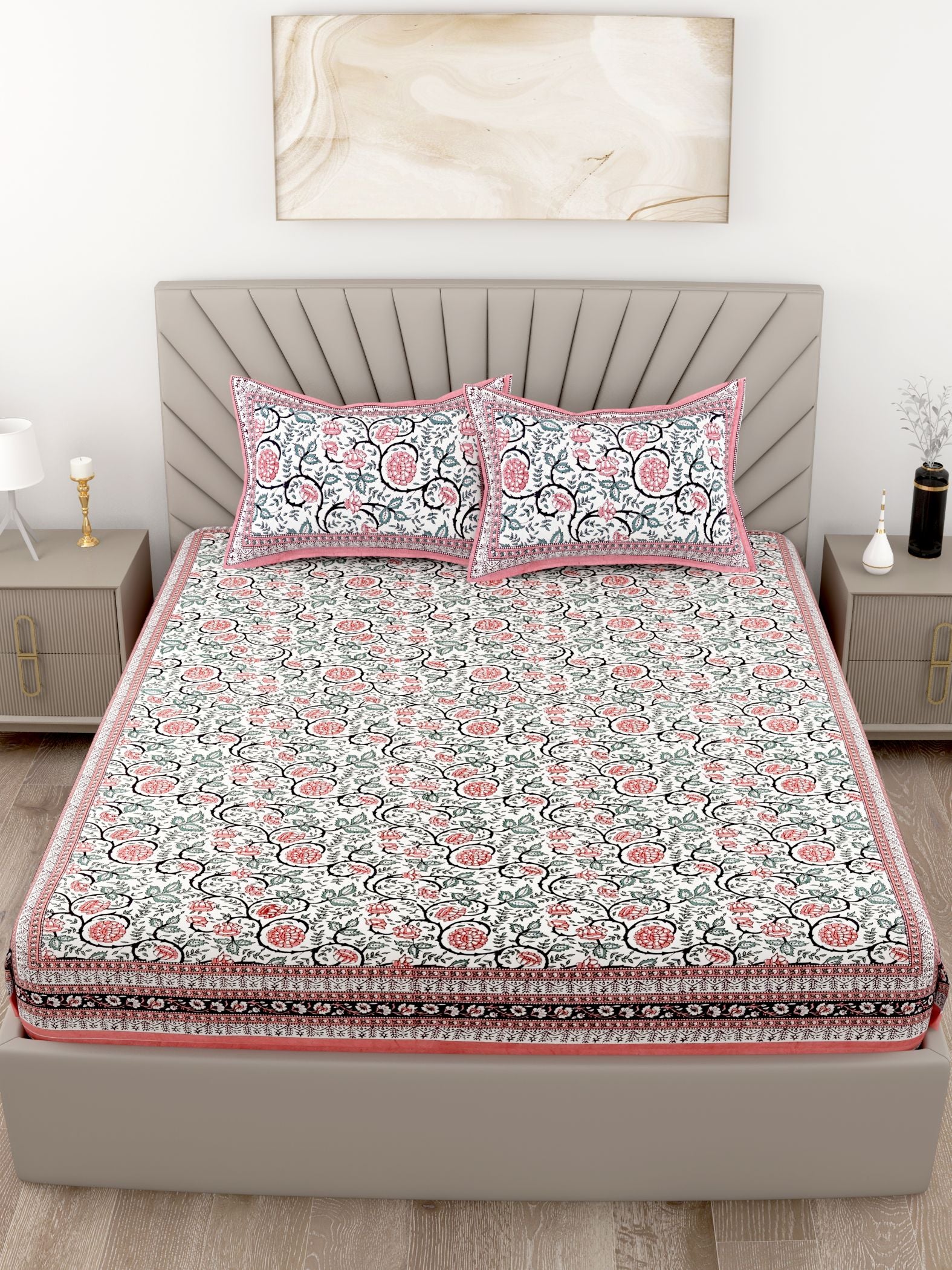 Pink Floral Printed Cotton 200TC King Bedsheet With 2 Zipper Pillow Covers - King Size by House of Ree - Distacart