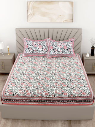 Pink Floral Printed Cotton 200TC King Bedsheet With 2 Zipper Pillow Covers - King Size by House of Ree - Distacart