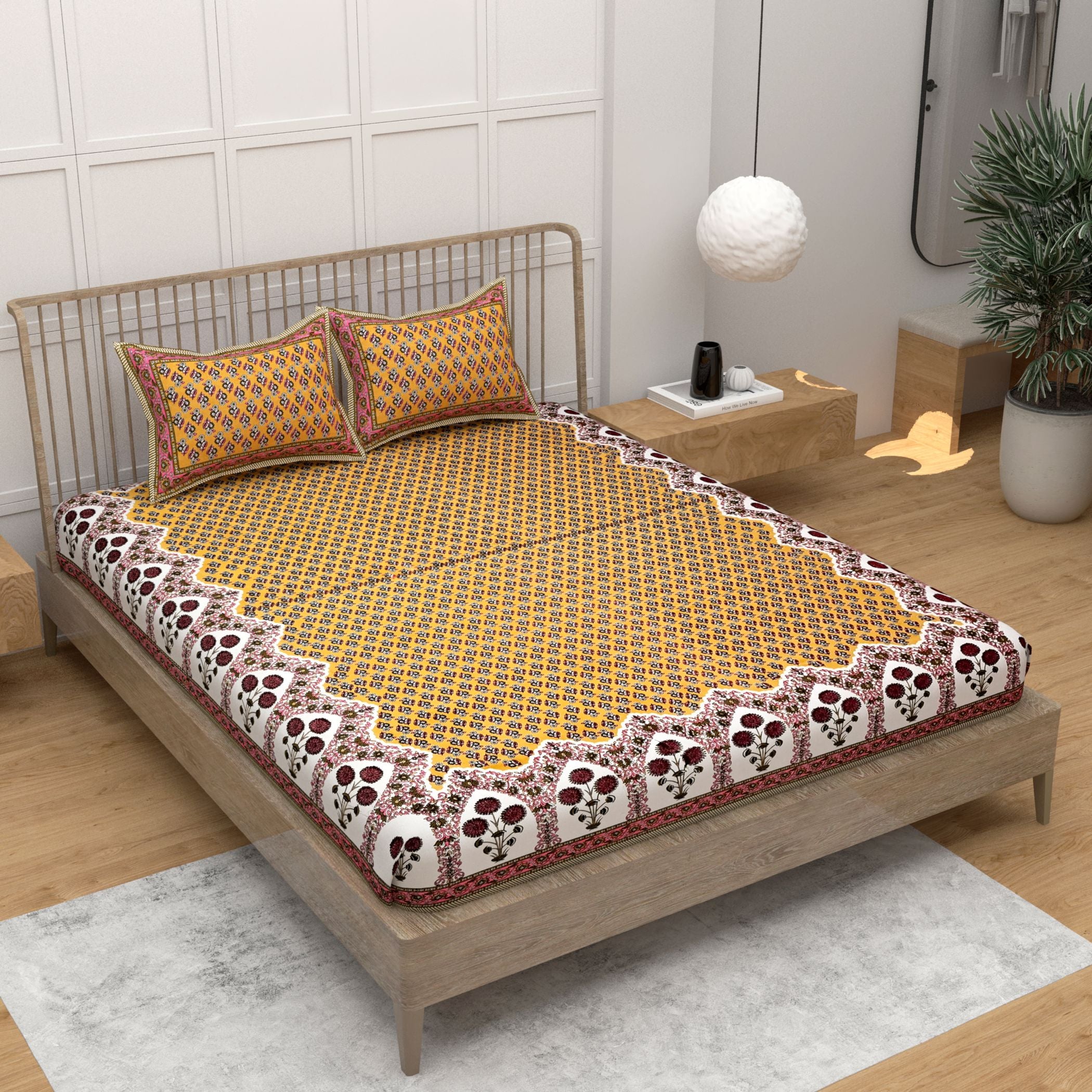 Yellow Ethnic Motifs Cotton 220 TC King Bedsheet With 2 Zipper Pillow Covers - King Size by House of Ree - Distacart