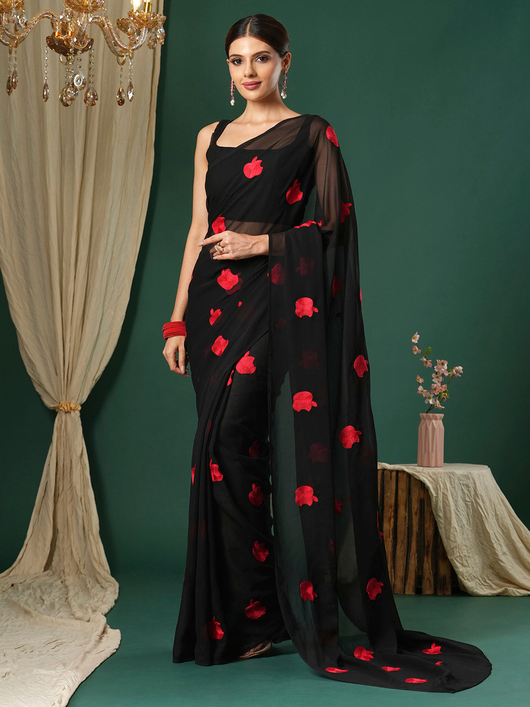 NOZ2TOZ Women's Georgette Black Embroidered Designer Saree With Blouse Piece - Distacart