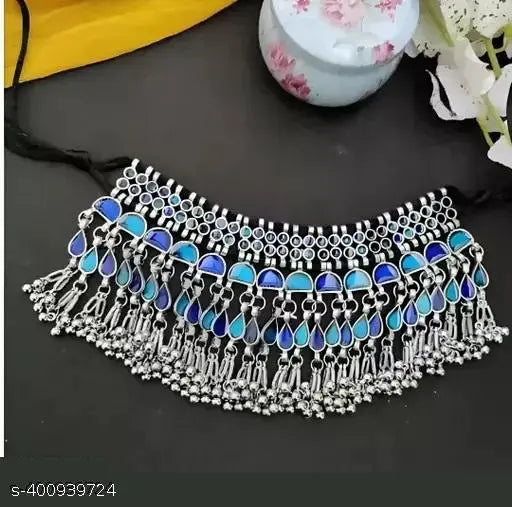 Tehzeeb Creations Women's Silver Colour Oxidised Necklace Set With Blue Colour Meenakari Work - Distacart