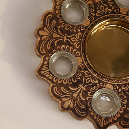 mandala wooden urli with tealights brown