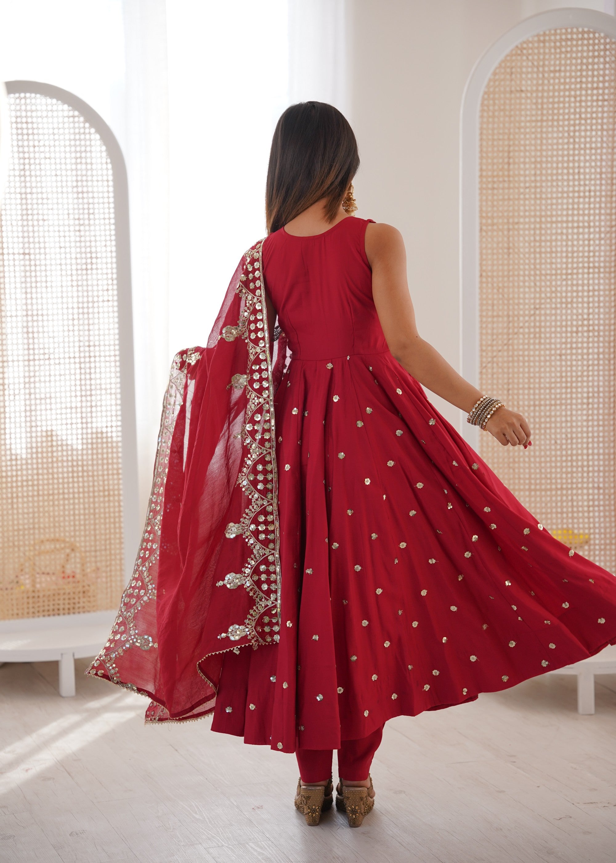 Anaita Red Silk Readymade Anarkali Suit with Embroidery & Sequence Work - Dista
