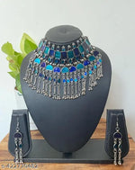 Thumbnail for Tehzeeb Creations Women's Silver Colour Oxidised Necklace Set With Blue Colour Meenakari Work - Distacart