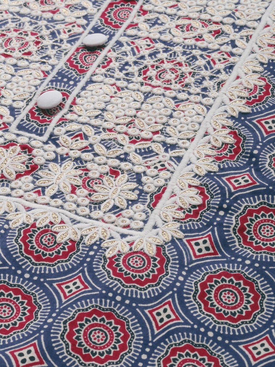 Anouk Women Navy Blue & Maroon Ethnic Printed Cotton Kurta with Palazzos & Dupatta - Distacart