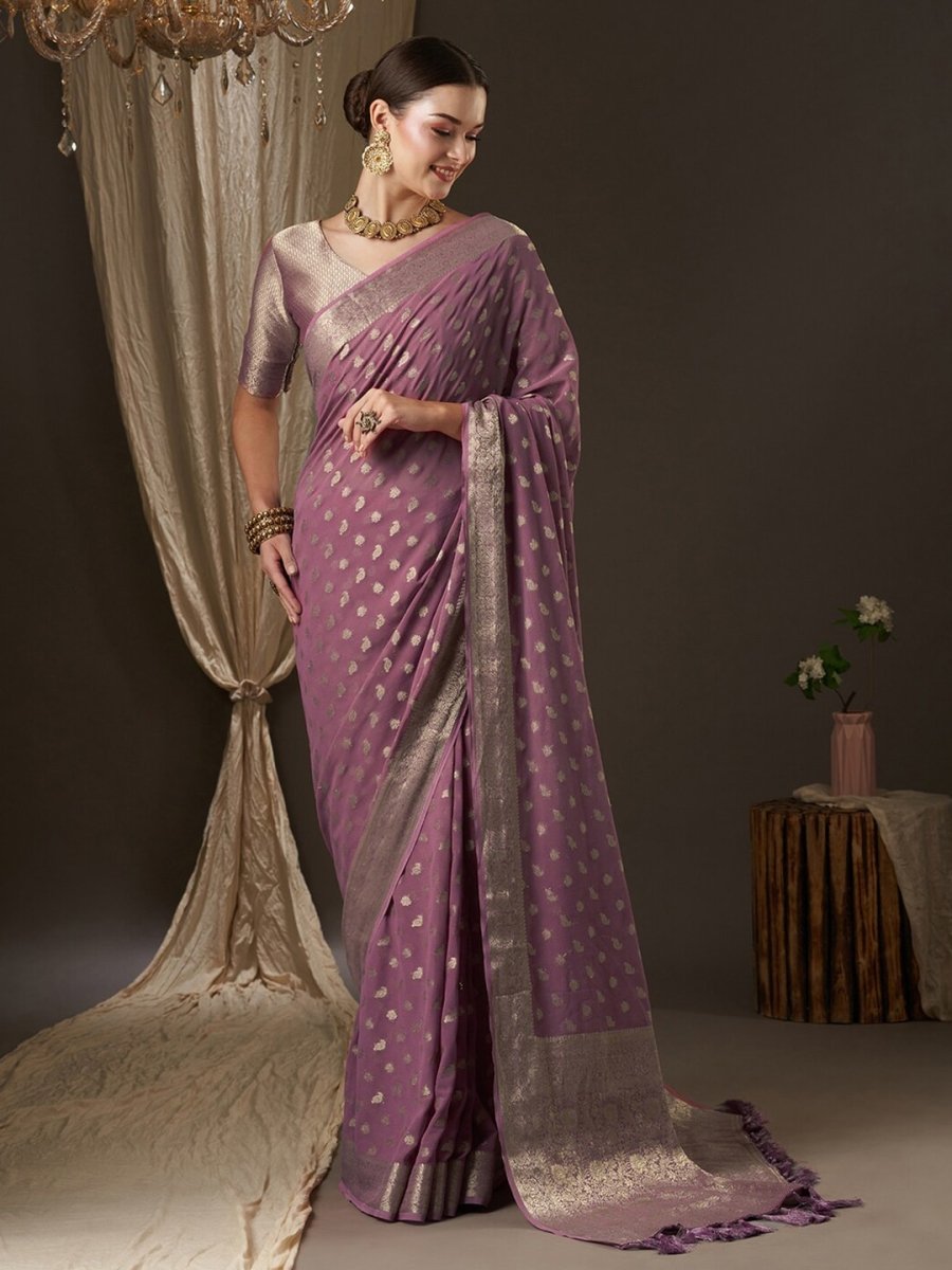Anouk Mauve & Gold-Toned Woven Design Zari Pure Georgette Kanjeevaram Saree - Distacart