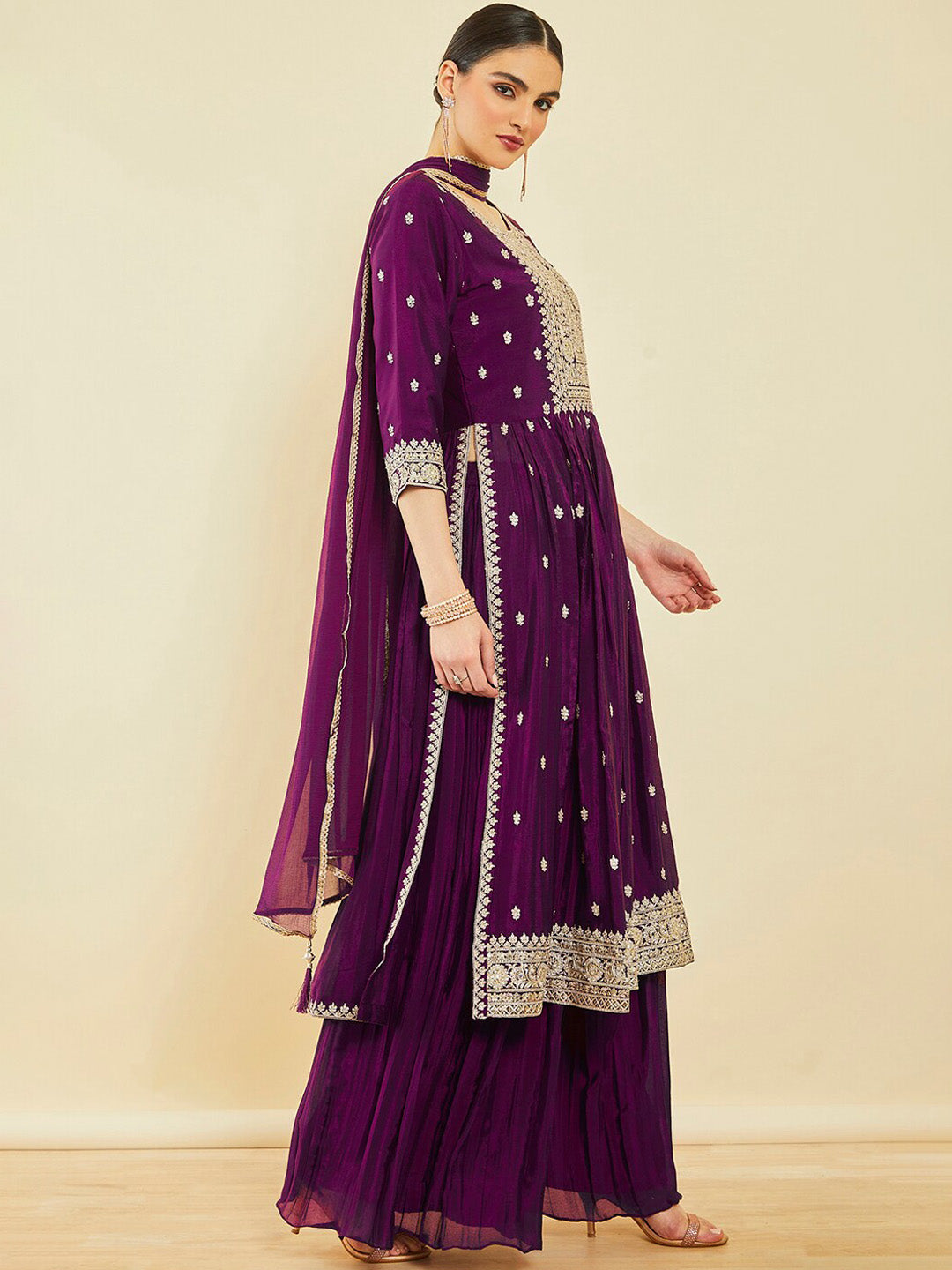 Soch Ethnic Motifs Embroidered Sequinned High Slit Kurta With Palazzos & Dupatta - Distacart