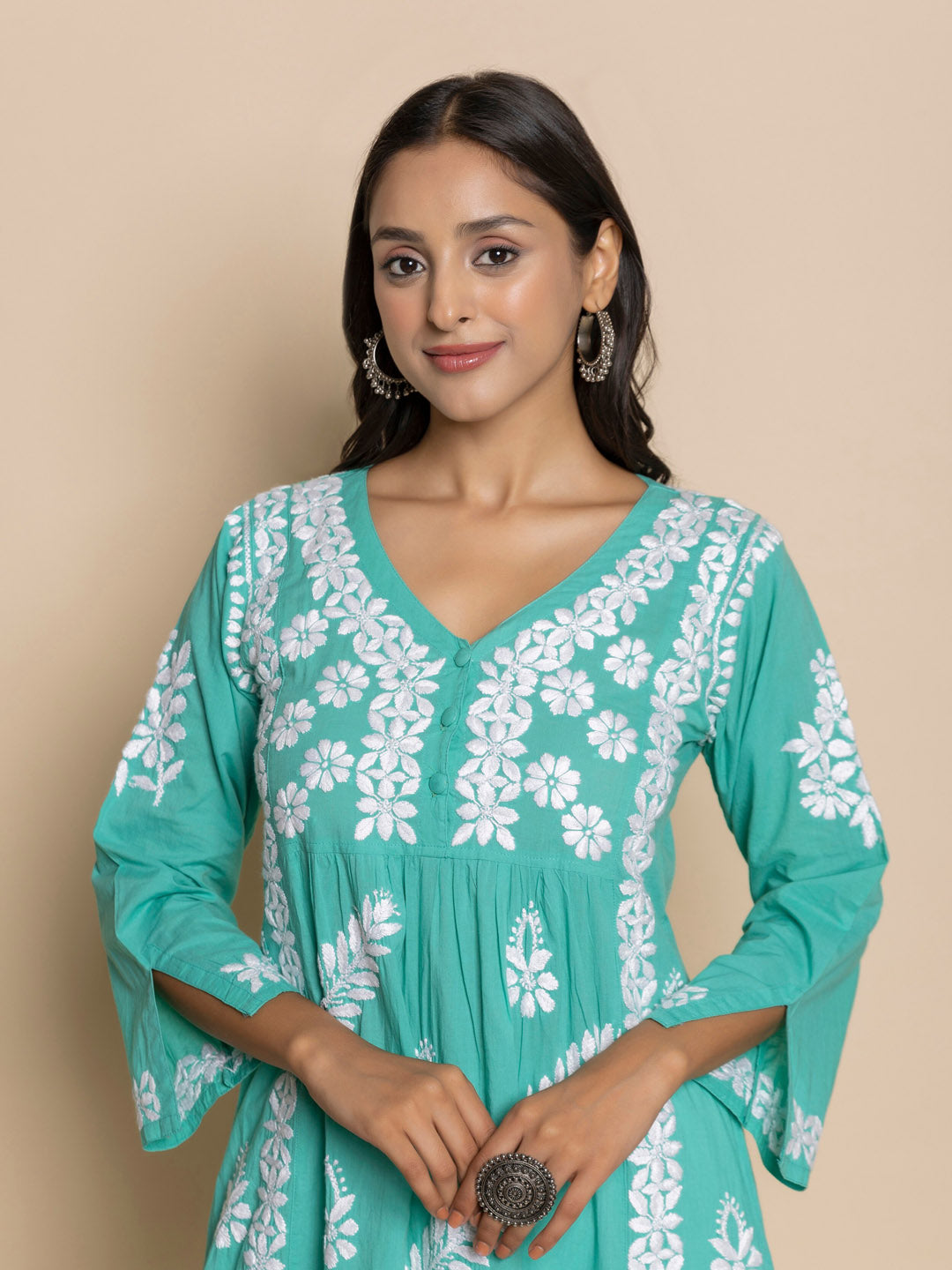 HOUSE OF KARI Floral Embroidered Chikankari Cotton A-Line Kurta - Distacart