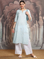 Thumbnail for Vishudh Blue Ethnic Motifs Printed Notch Neck Straight Kurta