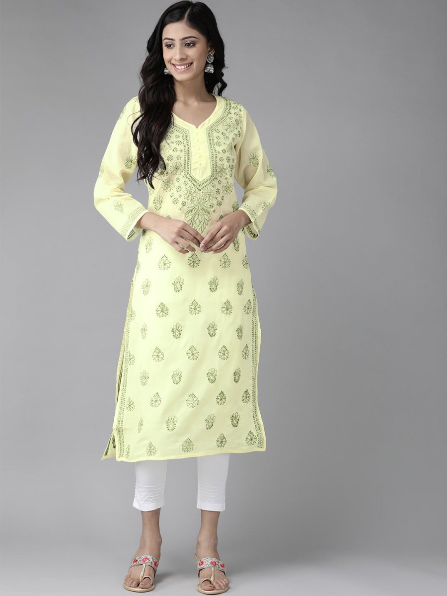 ADA Women Yellow & Green Embroidered Chikankari Handloom Kurta Handloom Kurta with Trousers - Distacart