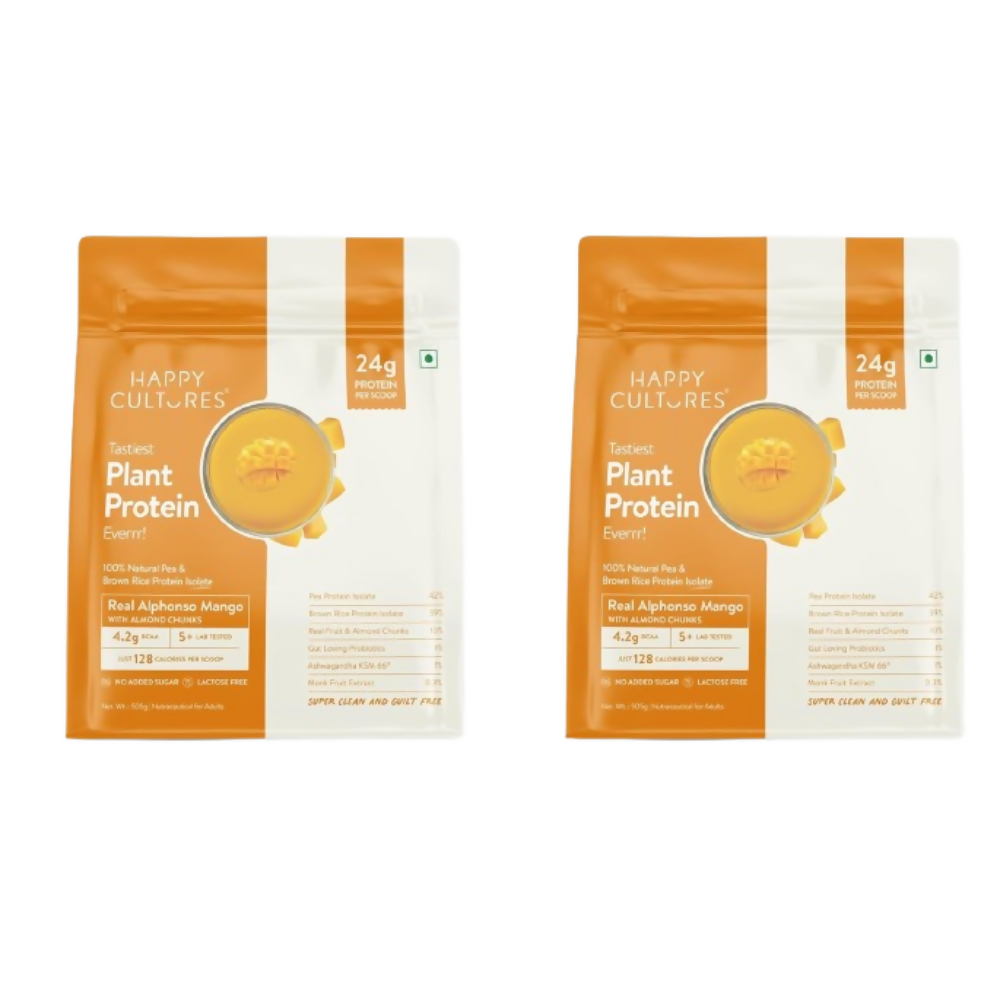 Happy Cultures 24g Tastiest Plant Protein| Real Alphonso Mango, Almond Chunks & Ashwagandha - Dista
