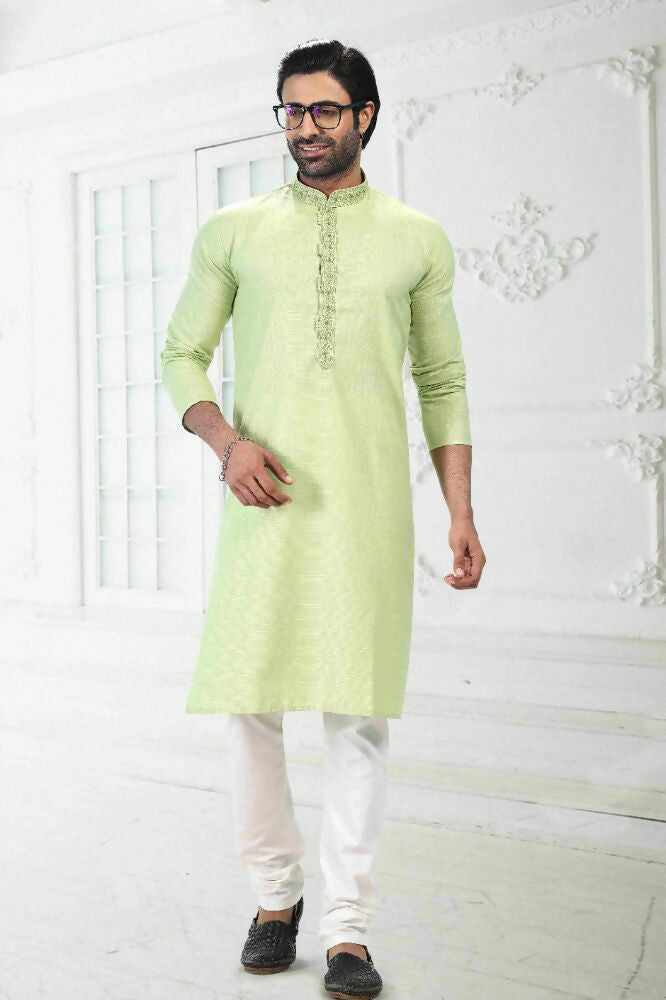 Raivat Ethnic Linen Cotton Thread Work Kurta Pajama In Pista Green Colour - Dista