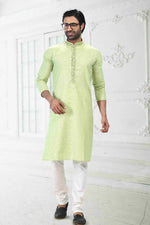Thumbnail for Raivat Ethnic Linen Cotton Thread Work Kurta Pajama In Pista Green Colour - Dista