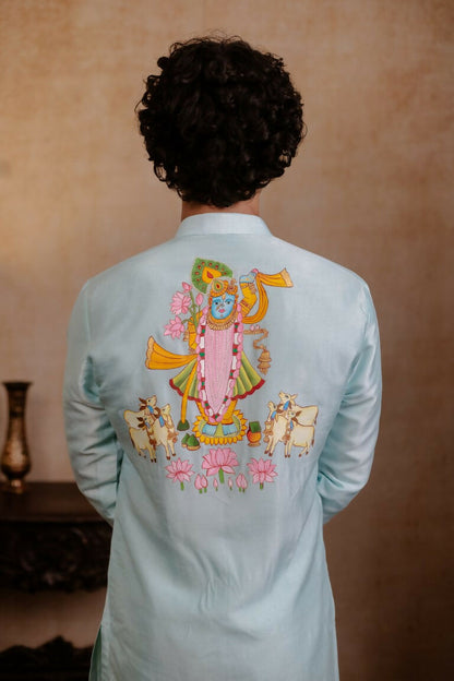 Falling Raw Silk Sea Green Vrindavan Lotus Kurta By Hilo Design - Distacart