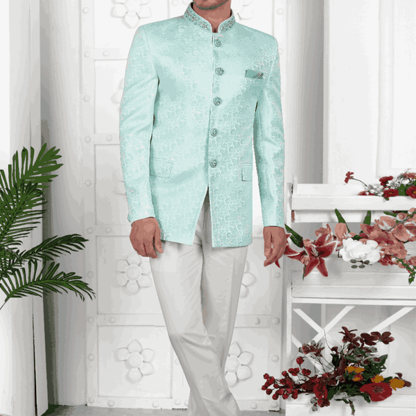 Raivat Ethnic Jacquard Silk Embroidery Work Jodhpuri In Firozi Green Colour - Distacart