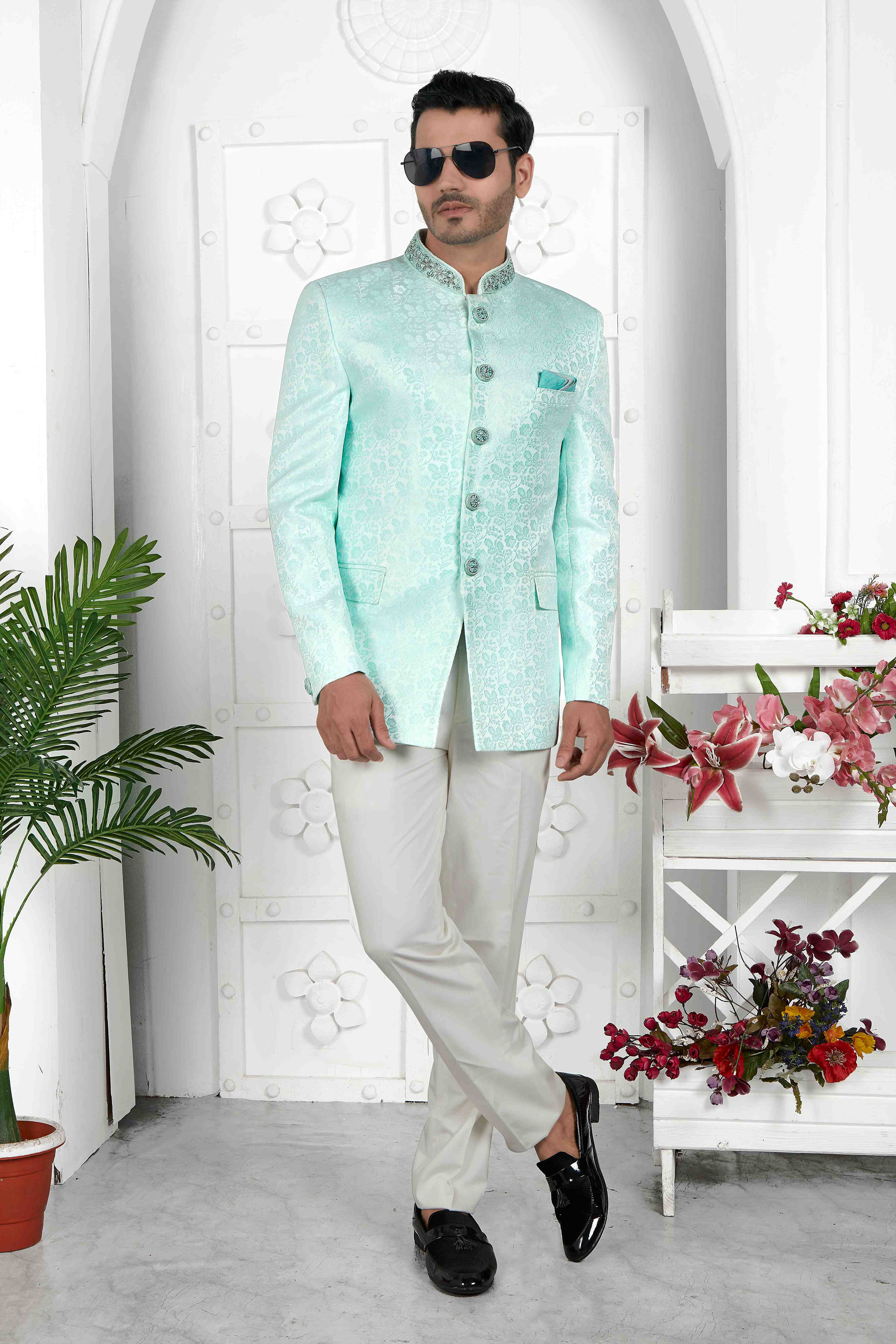 Raivat Ethnic Jacquard Silk Embroidery Work Jodhpuri In Firozi Green Colour - Distacart