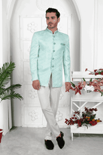 Thumbnail for Raivat Ethnic Jacquard Silk Embroidery Work Jodhpuri In Firozi Green Colour - Distacart