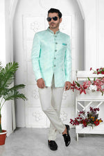 Thumbnail for Raivat Ethnic Jacquard Silk Embroidery Work Jodhpuri In Firozi Green Colour - Distacart