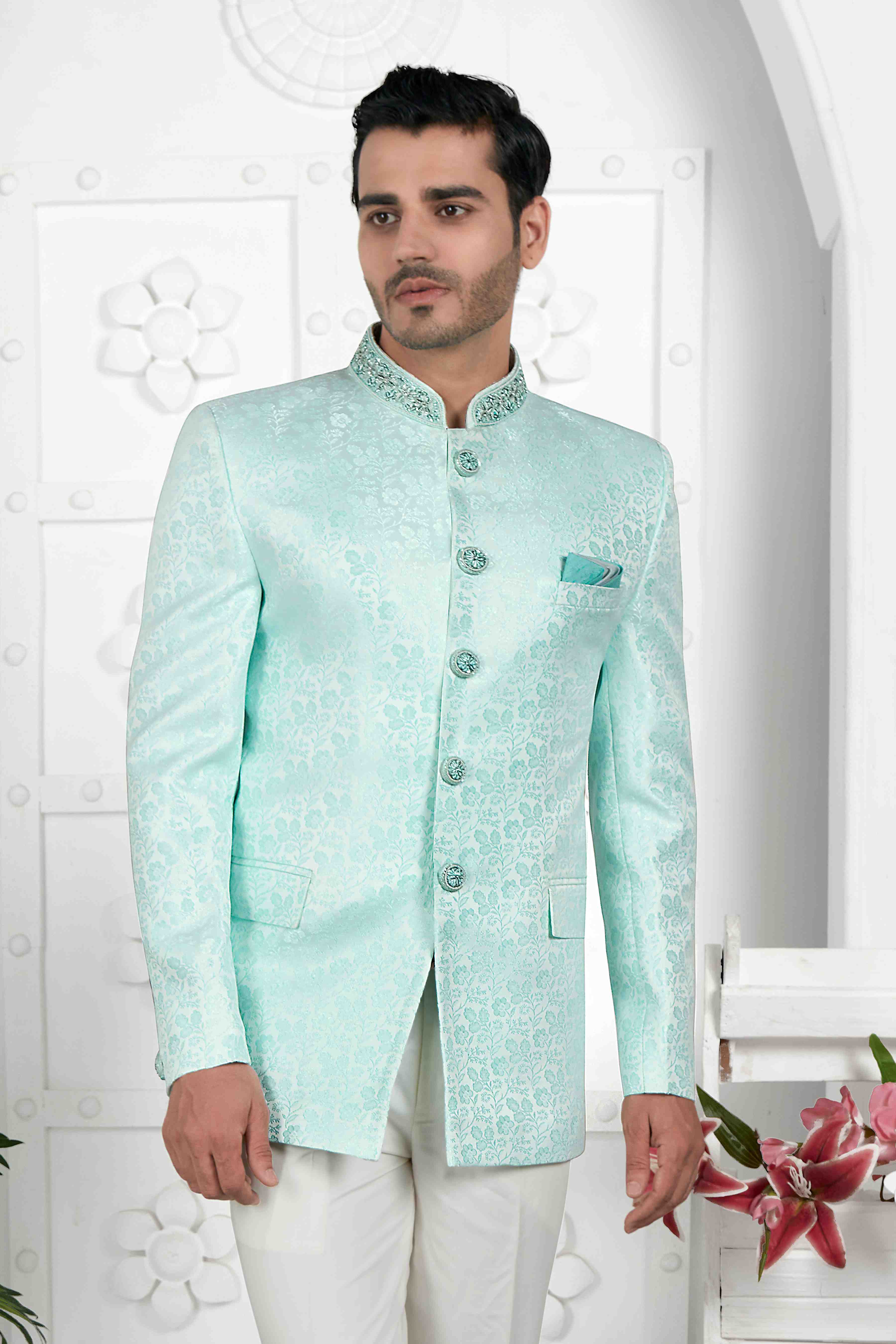 Raivat Ethnic Jacquard Silk Embroidery Work Jodhpuri In Firozi Green Colour - Distacart